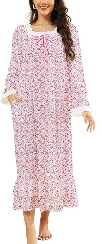 YARISNEY Women's Long Nightgown Cotton Long Sleeve Sleepwear Victorian Princess Nightdress with Pockets S-3XL
