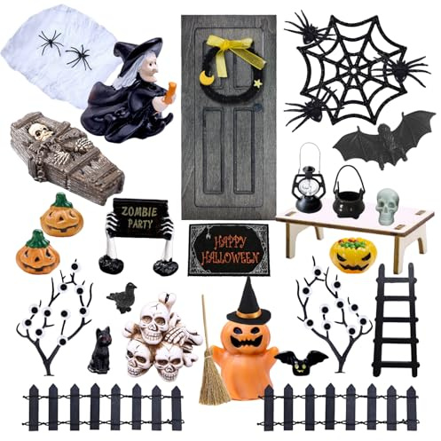 55 Kleinformatiges Halloween Deko Set, Miniaturenmöbel & Vielseitiges Kobold Zubehör mit Kürbissen, Hexen & Skeletten für Festliche Party Deko