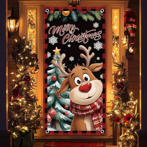 Beinup 200 x 90 cm Weihnachten Tür Abdeckung Dekoration, Weihnachtsdeko tür Hängen Banner, Elch Hintergrund Banner, Elch Tür Abdeckung, für Feiertag Weihnachten Haustür Deko