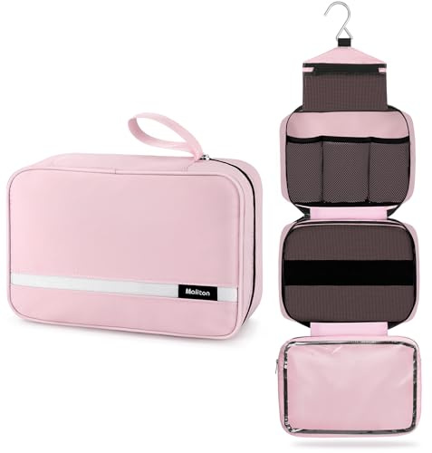 Maliton Hanging Toiletry Bag, Large Wash Bag for Women, Foldable Travel Toiletry Bag with 4 Compartments, Travel Essentials for Business Trip, Vacation and for Shower Bag, Light Pink