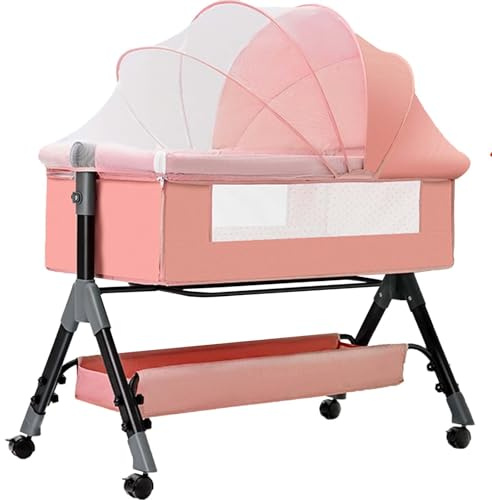 ZGHQHCDRH Wiegenbett, Baby-Stubenwagen-Nachtbett, einfach zusammenklappbares Babybett mit Aufbewahrungskorb, höhenverstellbar, weiche Matratze und Räder, Stubenwagen-Nachtbett(Pink)