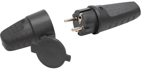 RASMACOR | Clavija y Base SCHUKO IP44 16A | Conector Electrico Impermeable de Goma | Para Exterior, Lluvia y Humedad | Cable 1.5mm² | Embornamiento Facil |