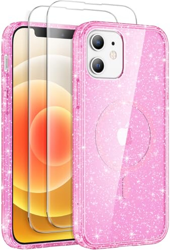 AROYI for iPhone 12 Case, Glitter Transparent Phone Case with 2 Tempered Glass Screen Protector, Compatible with Mag Safe, Shockproof Acrylic Magnetic Sparkle Bling for Women and Girls, Pink