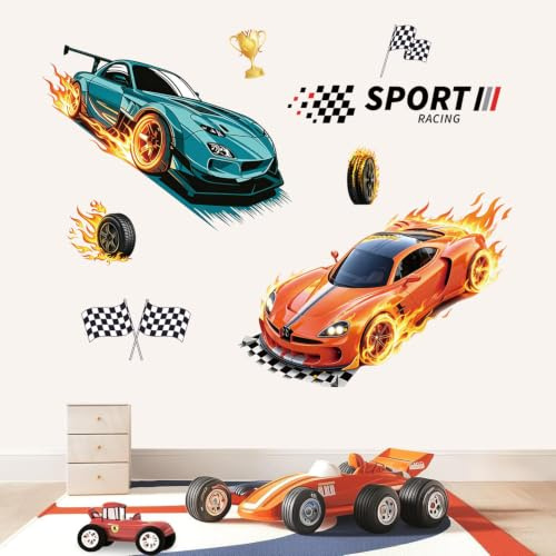 Wandtattoo Kinderzimmer Junge, 3D Rennwagen Wandaufkleber, Sportwagen in Gelb und Blau, Dynamische Wanddeko für Jungenzimmer, Schlafzimmer, Spielzimmer und Teenagerzimmer (Rennwagen)
