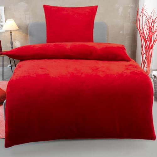 DreamHome Winter Wende Plüsch Bettwäsche 135x200 Nicky-Teddy Cashmere Touch Coral Fleece Bettdezug + Kissenbezug 80x80, Farbe:ROT