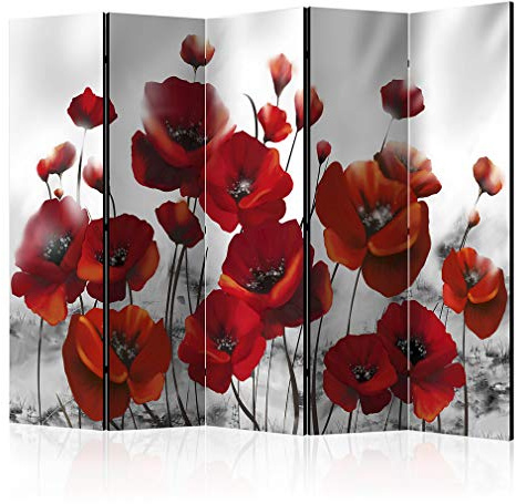 decomonkey Paravent Raumteiler Innen Mohnblumen, 225x172 cm, 5-teilig | Beidseitig, Blumen, Wohnzimmer, Room Divider, Wall, Raumteiler Stehend, Trennwand, Sichtschutz, Spanische Wand, Holz
