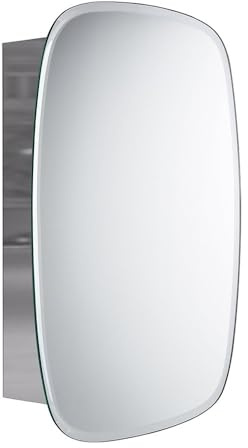 iBathUK Copenhagen Wall Mounted Single Door Mirror Cabinet, Frameless Oval Silver Mirror, Magnetic Catch, Modern Bathroom Storage, Polished Stainless Steel, 450x600mm