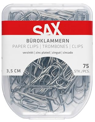 SAX Büroklammern 3,5 cm 75 Stück, Metallklammern für Dokumente Unterlagen Papier, Kunststoffbox mit Sicherheitsverschluss, Bürobedarf Organisation