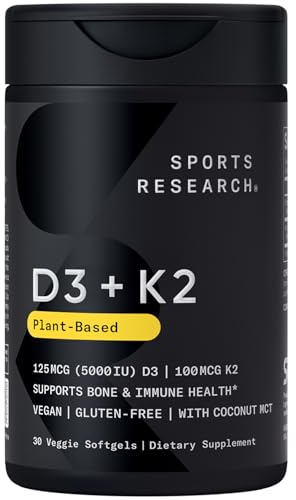 Sports Research® Vitamin D3 + K2 w/Coconut Oil - Vegan Vitamin D 5000iu (125mcg) & Mk7 Vitamin K 100mcg for Bone & Immune Support - Vegan Certified · Non-GMO · Soy Free - 30 Softgels