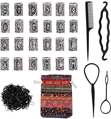 FOGAWA 30 Stück Bartperle Wikinger Rune Perlen Bart Perlen Flechten Perlen Nordische Haarperlen Dread Locks Perlen mit Gummibänder und Einfädler für Armband Halskette DIY Anhänger Schmuck