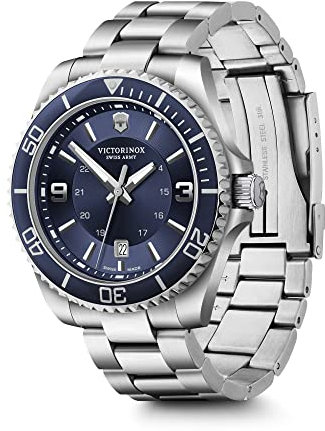 Victorinox Herren-Uhr Maverick Large, Herren-Armbanduhr, analog, Quarz, Wasserdicht bis 100 m, Gehäuse-Ø 43 mm, Armband 21 mm, 178 g, Silber