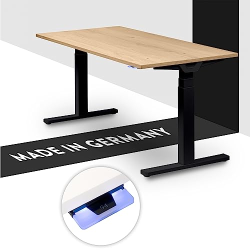 boho office® Höhenverstellbarer Schreibtisch 140 x 80 cm - Made in Germany, Elektrisch, 2 Motoren, 3-Fach Teleskop, Kollisionsschutz - Premium Line Schwarz inkl. Tischplatte in Wildeiche furniert