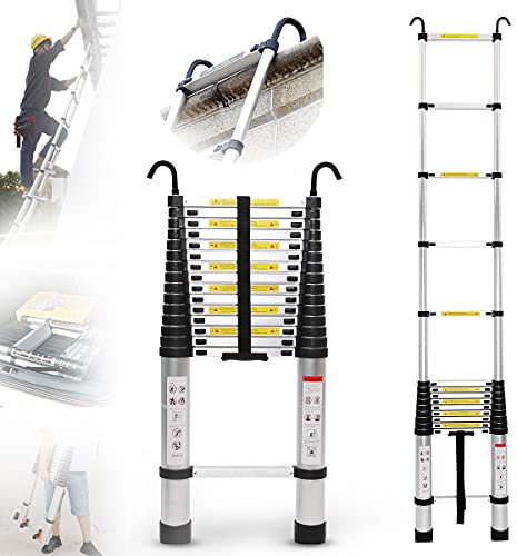 ZH-VBC Teleskop Klappleiter, 1.4m/ 2m/ 2.6m/ 2.9m/ 3.2m/ 3.8m/ 4.1m/ 4.4m/ 4.7m/ 5.0m/ 5.4m/ 5.8m/ 6.2m/ 7.2m Flexibel Teleskopleiter mit Haken, Aluleiter Ausziehbar Mehrzweckleiter,1.4m/4.5ft