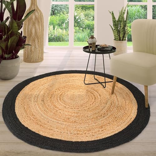 TT Home Jute Teppich Rund Wohnzimmer Esszimmer Boho Modern Handgemacht Mit Umrandung, Farbe: Schwarz 2, Größe:160 cm Rund