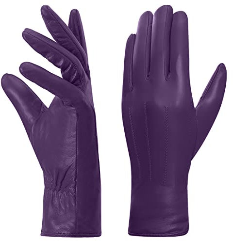 Harssidanzar Gants en cuir pour femmes, Winter Warm Fleece Doublure Touchscreen Vintage Finish GL018EU,violet,taille S