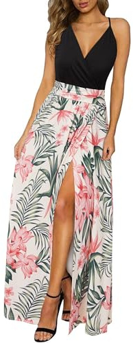 Newshows Femmes Eté Profond Décolleté en V Loisirs Robe Spaghetti Imprimé Fleur Split Maxi pour la fête de Plage (Floral 19,X-L)