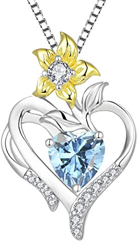 YL Collier Coeur Argent 925 couper Mars Pierres de Naissance Aigue-marine bleue Pendentif Fleur de Lys pour Femme, Chaîne 45+3CM