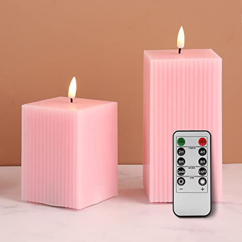 Eywamage Pink Square LED Candles, Ribbed Flameless Candles with Remote, Battery Operated Real Wax Candles Set of 2