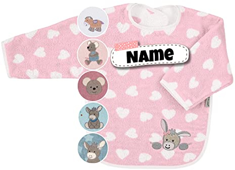 Sterntaler Baby Lätzchen mit Ärmeln | bestickt mit Namen | Langarm Lätzchen Baby | personalisiert | Latz Baby Geschenk (Emmi Esel Herz rosa)