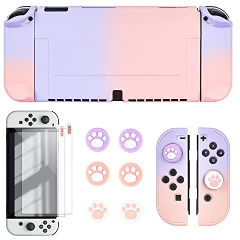 DLseego Custodia Protettiva per Nintendo Switch Modello OLED, Cover Rigida per PC con 2 pellicole Proteggi Schermo e 6 Tappi per Pollice per Switch OLED Console 2021, Rosa e viola