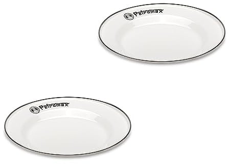 Petromax Emaille Teller 2er Set weiß (18 cm), Leichtes und robustes Campinggeschirr mit Edelstahlrand, Hygienisch, kratzfest, Ideal für Outdoor, Camping, Draußen-Kochen, Leicht zu reinigen
