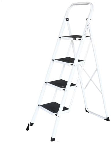 IVOL Escabeau 4 Marches - Blanc - Echelle Pliante de Cuisine - Marches et Pieds Antidérapants - Escabeau 4 Marches Pliable - Charge maximale 150 kg
