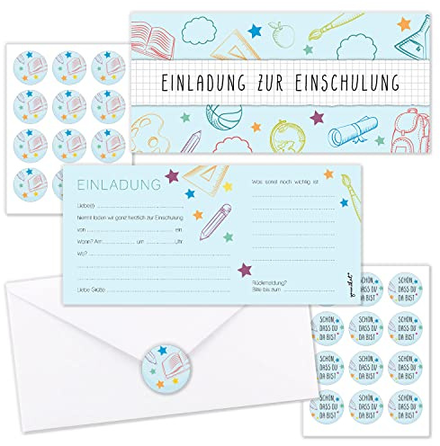 younikat 10 Einladungskarten Einschulung mit Umschlägen DIN Lang - dv1114 | mit Umschlägen, mit Aufklebern, beschreibbare Rückseite, Einschulung