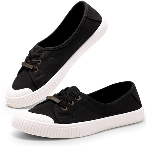 Harvest Land Womens Canvas Shoes Low Top Flat Gym Sports Pumps Trainers Lace Up Flat Ladies Girls Fashion Pumps Black UK 5