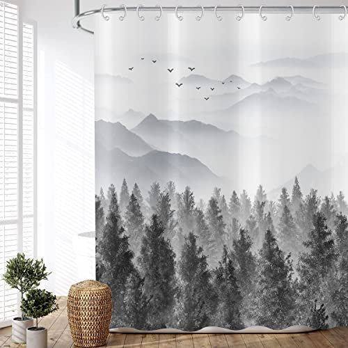 ASDCXZ Duschvorhang Wald 180x200 cm, Naturlandschaft Grau Wald Nebelig Wald Motiv Wasserdicht Textil Bad Duschvorhänge Waschbar Polyester Stoff Duschvorhang für Badewanne mit 12 Duschvorhang Hake