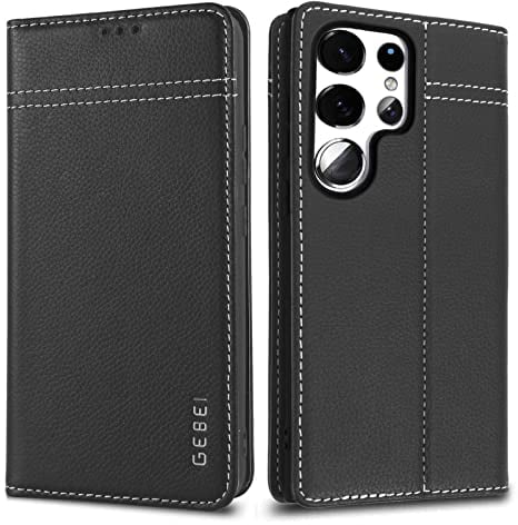 Hülle Echt Leder für Samsung Galaxy S23 Ultra 5G - Premium Echte Lederhülle mit Standfunktion und Kartenfach Flip Case Ledertasche Handyhülle Schutzhülle Klapphülle - Schwarz
