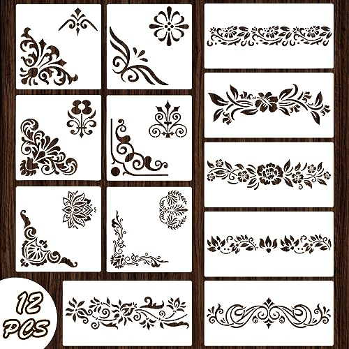 Qpout 12 Stück Blume Grenze Schablonen zum Malen, Blumen-Stammes-Totem-Design Randschablonen zum Malen an Wänden Holzmöbeln Porzellanplatten Boden Bilderrahmen Walls, Tiles, Wood
