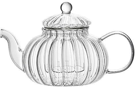 Bafnsiji Teiera di Zucca, Bollitore per tè in Vetro Trasparente, Teiera a Forma di Zucca, Teiera in Vetro, Teiera in Vetro borosilicato con infusore Rimovibile 600ML