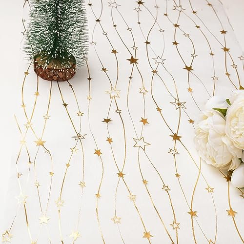 30cm x 10Yards Organza Tischläufer in Gold Silber transparent Tischband Tischdeko Organzastoff Tischrolle Geschenk für Weihnachten Adventszeit Festliche Party Dekoration (Sterne - Gold Stoff)