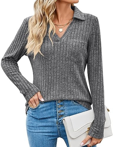 Gemulate Jumpers for Women UK Womens Long Sleeve Tops Ladies Lightweight Jumpers Polo V Neck Sweatshirt Casual Top with Pocket -Dark Grey, L