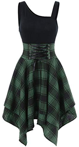 2024 AI - Mode Frauen Ärmellose Kalte Schulter Lace Up Plaid Print Unregelmäßige Kleid Plain Sommerkleid, grün, X-Large
