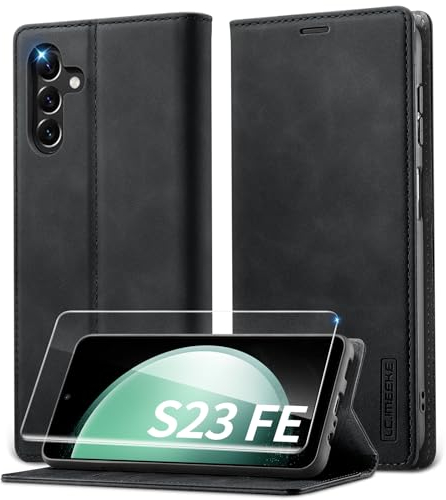 Lanhiem Handyhülle für Samsung Galaxy S23 FE Hülle mit Panzerglas, Premium PU Leder Schutzhülle, RFID Sperrung Flip Wallet Case für Samsung Galaxy S23 FE 5G Klapphülle, Schwarz