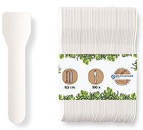 BIOZOYG Umweltfreundlicher Eisportionierer I 100 Eisstiele Papier weiß I Biologisch abbaubare Eislöffel I Papierlöffel einweg I Nachhaltige Eislöffel portionierer I Klimaneutrale Eiscreme Löffel