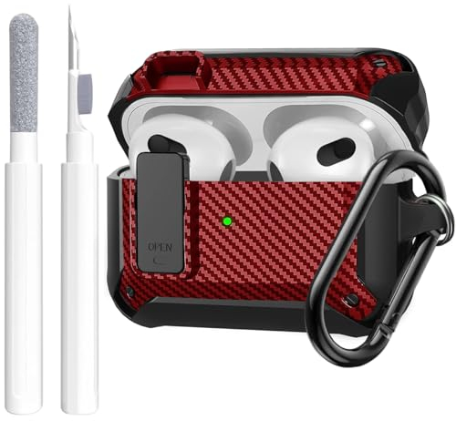 Airpods 3rd Generation Case Cover Men Lock with Cleaning Kit, OTOPO Protective Cover with Cleaning Pen Compatible with Apple Airpod 3rd Gen Case, Shockproof Rugged Shell for iPod 3 Case Black/Red