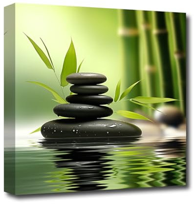CXHOSTENT Zen Leinwand Wandbilder Badezimmer Dekor Kieselsteine Stein grüner Bambus Kunstdrucke Spa Bilder für Yoga Raumdekoration (C, 30.00 x 30.00 cms)