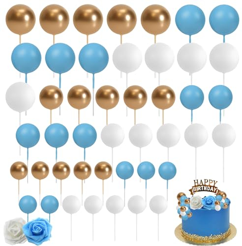 48 PCS Tortendeko Kugel Backen Kuchen Dekorationen DIY Geburtstag Kuchen Dekoration für Geburtstag Party Baby Dusche Hochzeit - (Blau Weiss Gold)