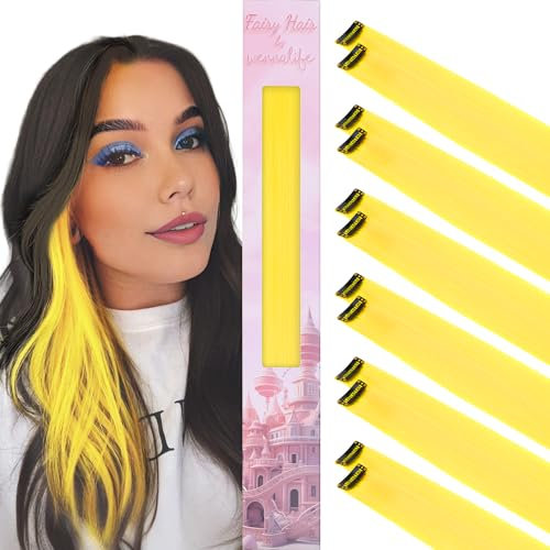 WENNALIFE 12 Stück Gelb Haarsträhnen Zum Einklipsen Haarsträhnen Kinder, Clip in Haar Extensions Bunte Haarsträhnen Kinder Haare zum Einflechten Mädchen Gerade Party Haarverlängerungen Zubehör