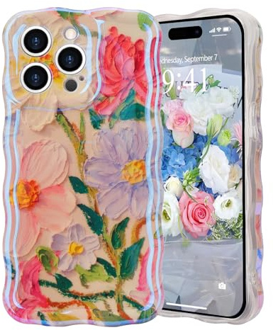 LAPOPNUT Coque pour iPhone 13 Pro(6.1pouces) Housse de Téléphone Portable Femme Fleur Housse Peinture à l'huile Vintage Douce Ondulation Frisée Forme du Cadre Design Aesthétique Fleurs