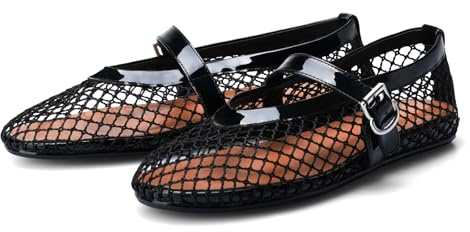 Adrizzlein Women's Mesh Ballet Flats with Buckle Strap - Wide Width - Casual Style - For Summer, Black, 6.5 UK