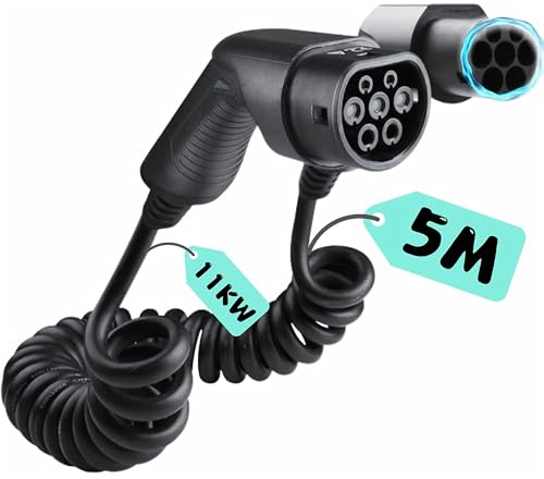 LDY Spiral Ladekabel Typ 2 | 5 Meter | 11 kW | 3-phasig 16A | Elektroauto Ladekabel für EV/PHEV