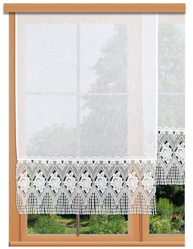 Flächengardine Johanna mit Echter Vogtländischer Spitze in weiß Landhaus-Schiebepaneele in Käseleinenoptik Flächenvorhang mit Perlenschnurfransen 110 x 72 cm