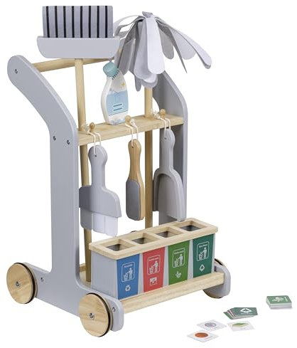 Baroni Toys Carro de Limpieza de Madera Montessori, 8 Piezas, Juego Educativo con Carro Entrenable, Incluye Escoba y Recogedor, Fregona, Cepillo, Accesorios de Recogida de Residuos, 29x32x48 Cm