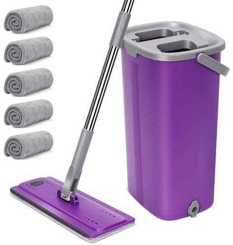 MASTERTOP Mocio Lavapavimenti e Secchio Strizzatore, Mocio Piatto Rotante a 360° e Secchio Autolavaggio, Mop a Mani Libere in Microfibra, con 6 Tamponi Riutilizzabili (Viola)