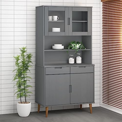 Higsose Buffet de salle à manger, 90 x 35 x 100 cm, buffet de salon, armoire à commode, avec 3 étagères et 2 portes en verre, armoire haute, commode, armoire d'appoint, gris en pin massif