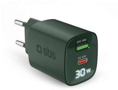 SBS Mehrport-Ladegerät 30W mit LCD, 1 USB-C-Anschluss und 1 USB-A-Anschluss, EU-Stecker, Power Delivery, ideal für Android-Smartphones, iPhone, Tablets, MacBook