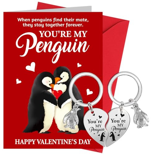 HOWAF Pinguin Valentinstag Karte mit Umschlag, You Are My Pinguin Karte Valentinstag, Valentinskarte mit Pinguin Schlüsselanhänger, Jahrestag Geschenk für Valentinstag, Hochzeitstag, Weihnachten